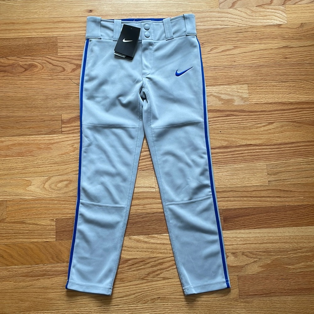 NWT NIKE Dri-Fit Baseball Pants Grey with Royal Blue Stripe Piping Boys Size XS